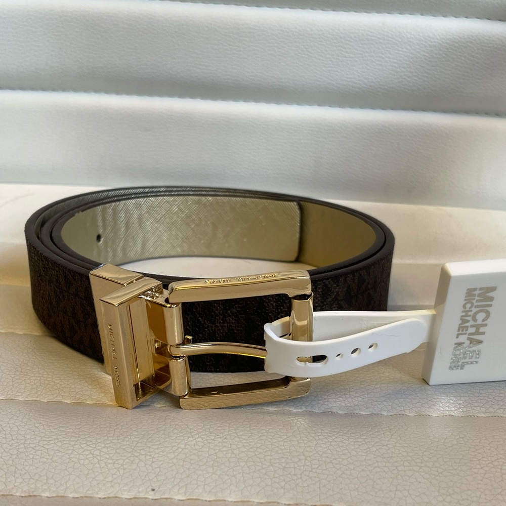 Michael Kors Reversible Belt MK Logo Brown Gold Buckle NEW